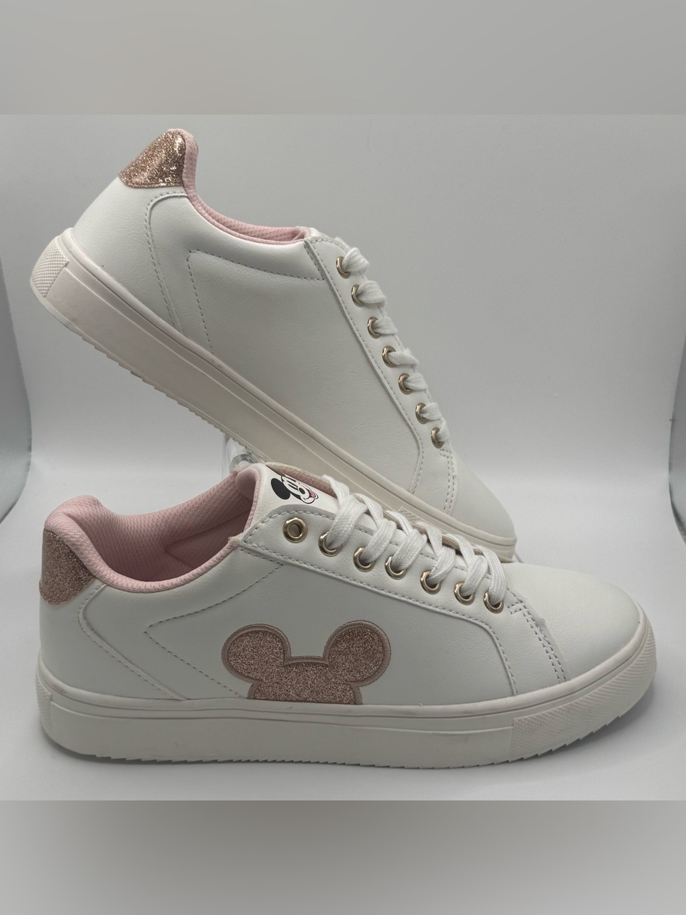 Disney Mickey Mouse Court Sneakers Womens Sz 8 White Rose Gold Glitter ALDI NWOT - Picture 3 of 8